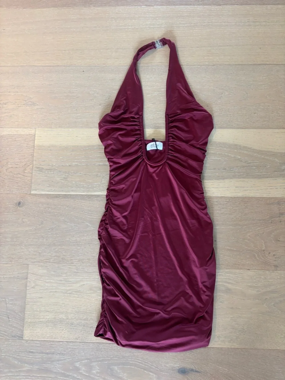 Oh Polly Sofija Slinky Jersey Ruched Halterneck Mini Dress Wine Red Sz 4 NWT - Picture 5 of 7